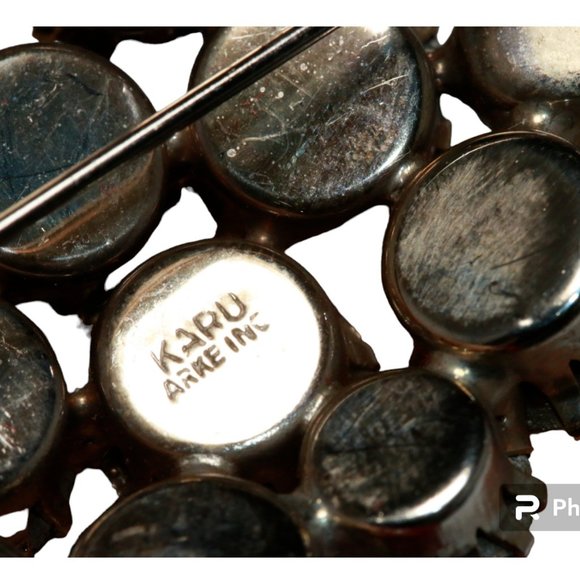 Vintage Karu Arke Brooch Green/Amber AB Aurora Borealis Rhinestone Prong Set Pin - Picture 6 of 8